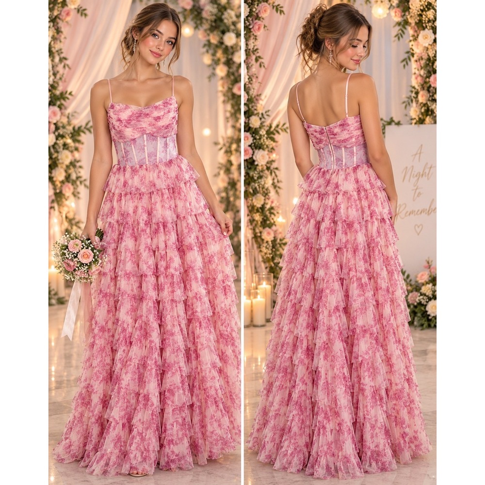 B. Darlin Pink Floral Tiered Ruffle Corset Gown Prom Dress 9/10 Maxi Feminine